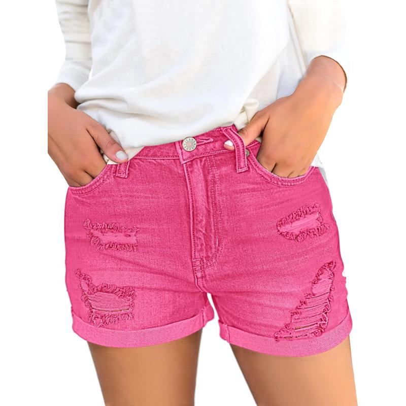 luvamia Womens Ripped High Waisted Denim Shorts Stretchy Cuffed Hem Jean ShortsG Hot Pink Snow Wash