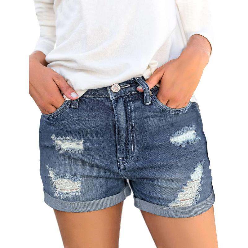 luvamia Womens Ripped High Waisted Denim Shorts Stretchy Cuffed Hem Jean ShortsL Monaco Blue