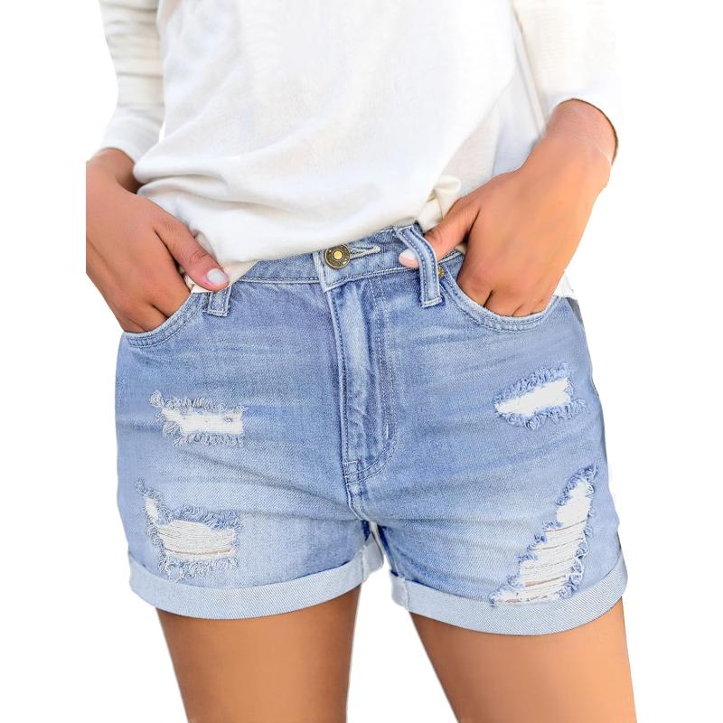 luvamia Womens Ripped High Waisted Denim Shorts Stretchy Cuffed Hem Jean ShortsLennox Blue