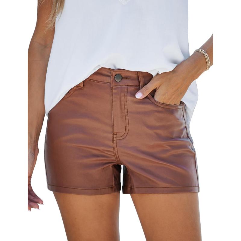 luvamia Womens Shorts Trendy High Waisted Faux Leather Look Stretchy Jean Shorts Short Denim Pants with Pockets ComfyBrown