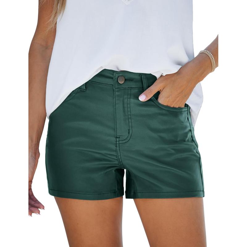 luvamia Womens Shorts Trendy High Waisted Faux Leather Look Stretchy Jean Shorts Short Denim Pants with Pockets ComfyDark Green