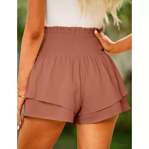 luvamia 2023 Shorts for Women Casual Summer High Waisted Smocked Ruffle Elastic Waist Flowy Tiered Pleated Beach ShortsRose Dawn
