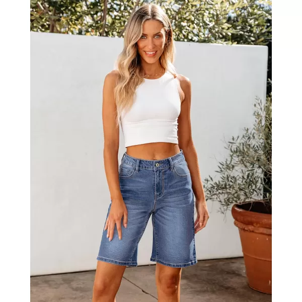 luvamia Bermuda Jean Shorts for Women High Waisted Trendy Stretchy Denim Shorts Knee Length Cutoff Loose Fit Long ShortsBay Blue