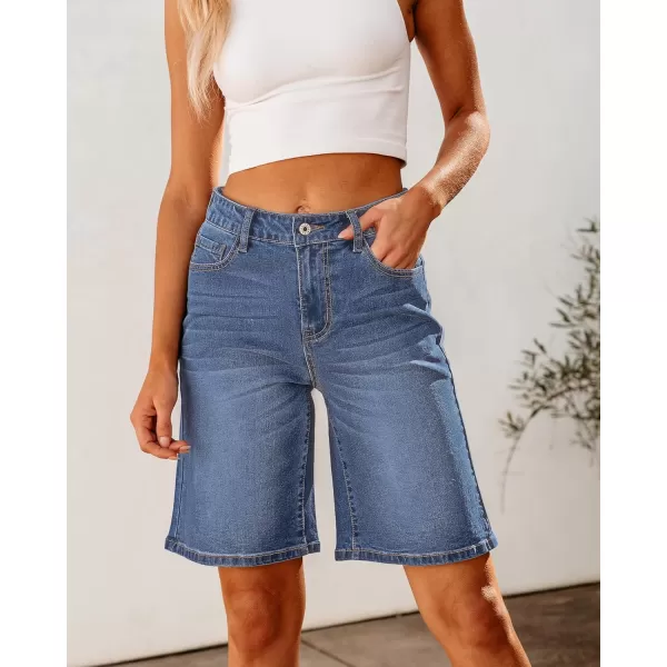 luvamia Bermuda Jean Shorts for Women High Waisted Trendy Stretchy Denim Shorts Knee Length Cutoff Loose Fit Long ShortsBay Blue