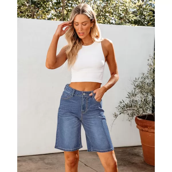 luvamia Bermuda Jean Shorts for Women High Waisted Trendy Stretchy Denim Shorts Knee Length Cutoff Loose Fit Long ShortsBay Blue