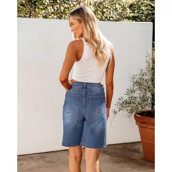 luvamia Bermuda Jean Shorts for Women High Waisted Trendy Stretchy Denim Shorts Knee Length Cutoff Loose Fit Long ShortsBay Blue