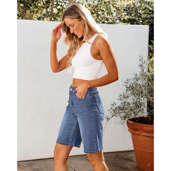 luvamia Bermuda Jean Shorts for Women High Waisted Trendy Stretchy Denim Shorts Knee Length Cutoff Loose Fit Long ShortsBay Blue