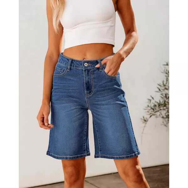 luvamia Bermuda Jean Shorts for Women High Waisted Trendy Stretchy Denim Shorts Knee Length Cutoff Loose Fit Long ShortsClassic Blue