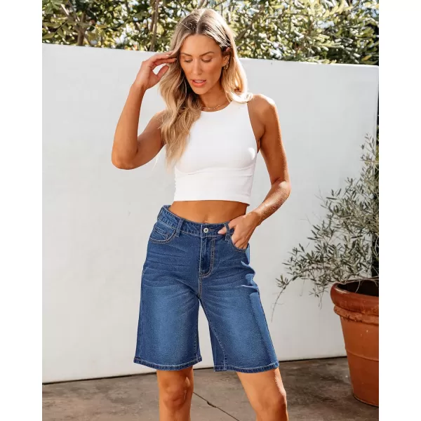 luvamia Bermuda Jean Shorts for Women High Waisted Trendy Stretchy Denim Shorts Knee Length Cutoff Loose Fit Long ShortsClassic Blue