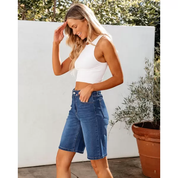 luvamia Bermuda Jean Shorts for Women High Waisted Trendy Stretchy Denim Shorts Knee Length Cutoff Loose Fit Long ShortsClassic Blue