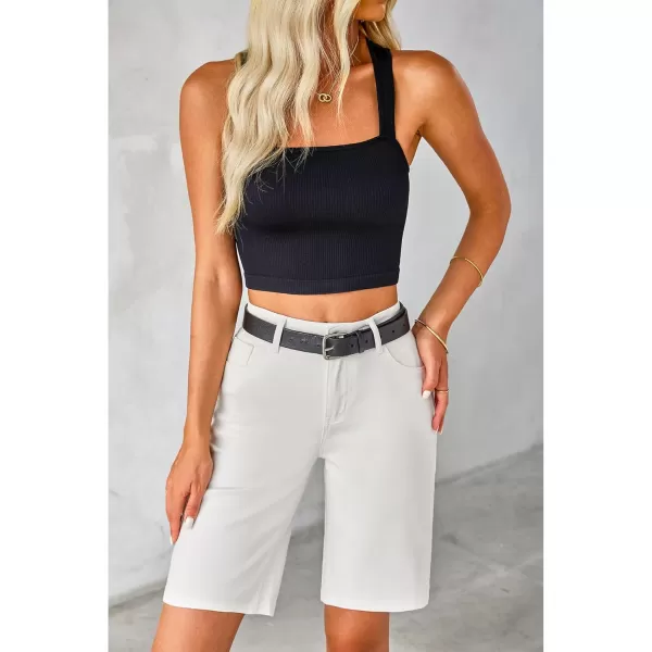 luvamia Bermuda Jean Shorts for Women High Waisted Trendy Stretchy Denim Shorts Knee Length Cutoff Loose Fit Long ShortsCream White