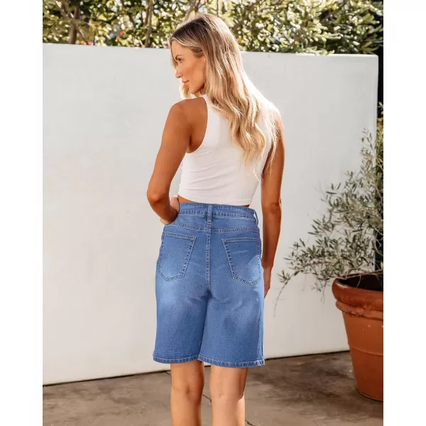 luvamia Bermuda Jean Shorts for Women High Waisted Trendy Stretchy Denim Shorts Knee Length Cutoff Loose Fit Long ShortsMedium Blue