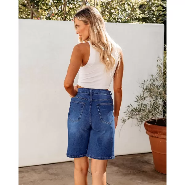 luvamia Bermuda Jean Shorts for Women High Waisted Trendy Stretchy Denim Shorts Knee Length Cutoff Loose Fit Long ShortsNightfall Blue