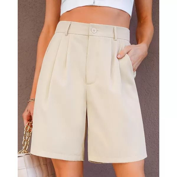 luvamia Bermuda Shorts for Women Dressy Casual High Waisted Summer Work Elastic Waist Pleated Dress Shorts with PocketsBeige