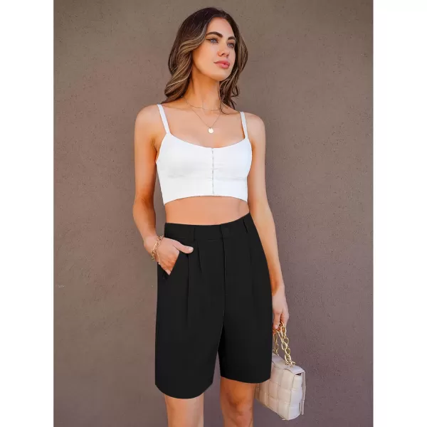 luvamia Bermuda Shorts for Women Dressy Casual High Waisted Summer Work Elastic Waist Pleated Dress Shorts with PocketsBlack