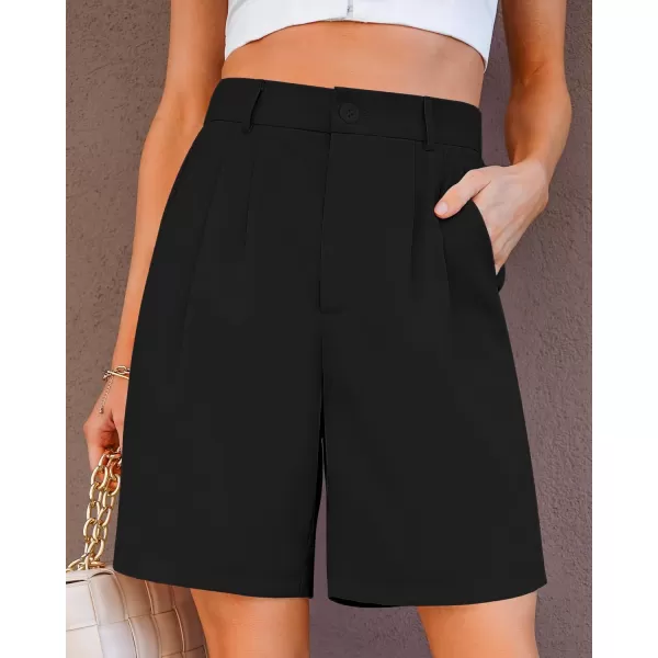 luvamia Bermuda Shorts for Women Dressy Casual High Waisted Summer Work Elastic Waist Pleated Dress Shorts with PocketsBlack