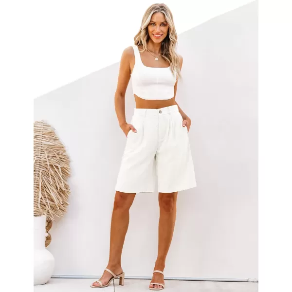 luvamia Bermuda Shorts for Women High Waisted Linen Dressy Casual Pleated Wide Leg Summer Shorts with Elastic WaistCream White