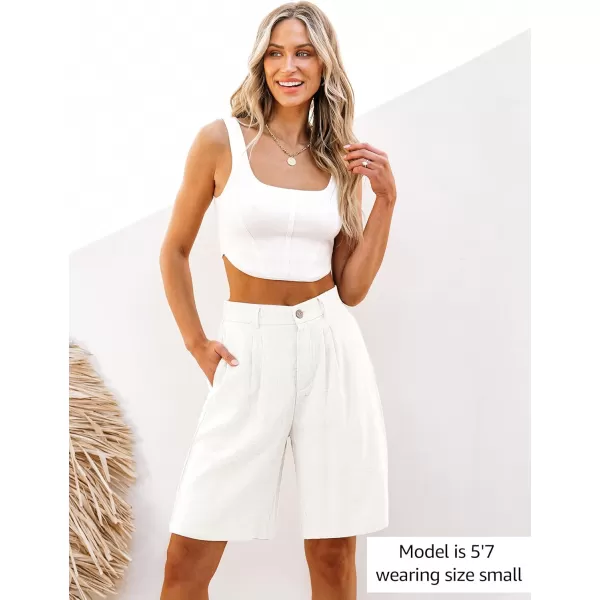 luvamia Bermuda Shorts for Women High Waisted Linen Dressy Casual Pleated Wide Leg Summer Shorts with Elastic WaistCream White