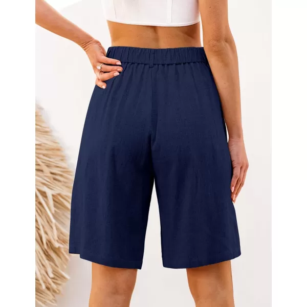 luvamia Bermuda Shorts for Women High Waisted Linen Dressy Casual Pleated Wide Leg Summer Shorts with Elastic WaistDark Blue