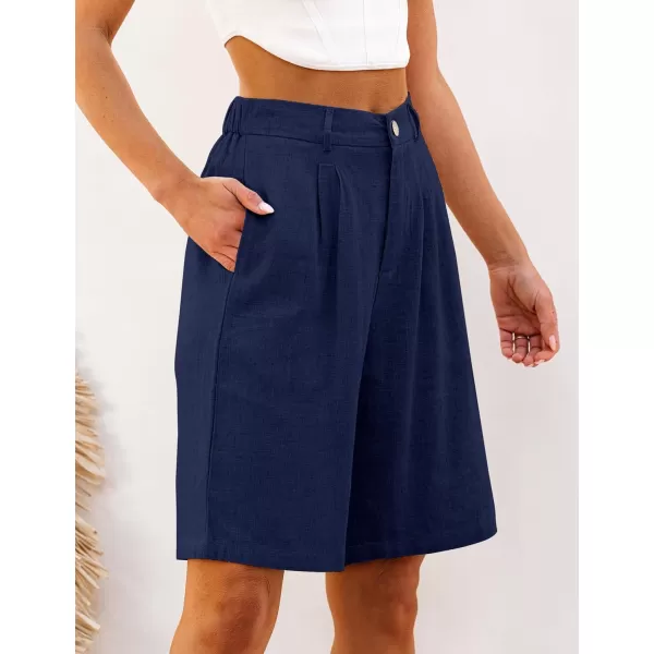 luvamia Bermuda Shorts for Women High Waisted Linen Dressy Casual Pleated Wide Leg Summer Shorts with Elastic WaistDark Blue