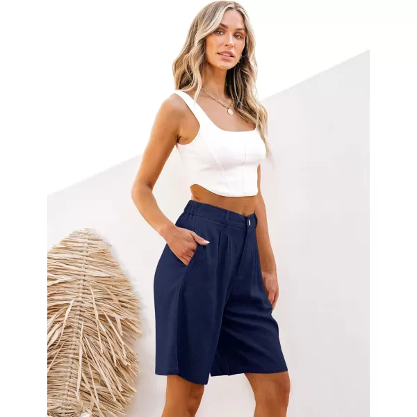 luvamia Bermuda Shorts for Women High Waisted Linen Dressy Casual Pleated Wide Leg Summer Shorts with Elastic WaistDark Blue