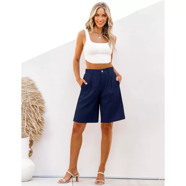 luvamia Bermuda Shorts for Women High Waisted Linen Dressy Casual Pleated Wide Leg Summer Shorts with Elastic WaistDark Blue