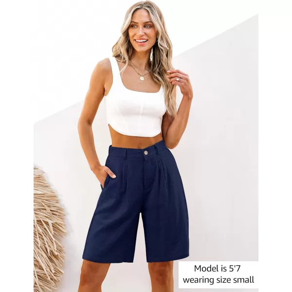 luvamia Bermuda Shorts for Women High Waisted Linen Dressy Casual Pleated Wide Leg Summer Shorts with Elastic WaistDark Blue
