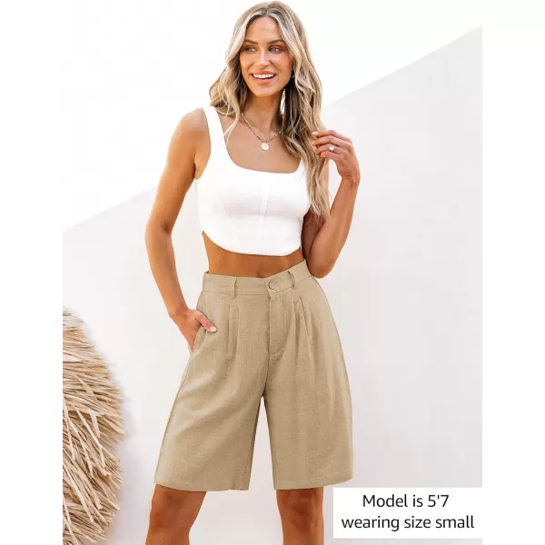 luvamia Bermuda Shorts for Women High Waisted Linen Dressy Casual Pleated Wide Leg Summer Shorts with Elastic WaistKhaki