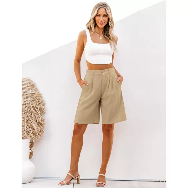luvamia Bermuda Shorts for Women High Waisted Linen Dressy Casual Pleated Wide Leg Summer Shorts with Elastic WaistKhaki