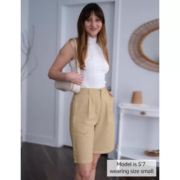 luvamia Bermuda Shorts for Women High Waisted Linen Dressy Casual Pleated Wide Leg Summer Shorts with Elastic WaistKhaki