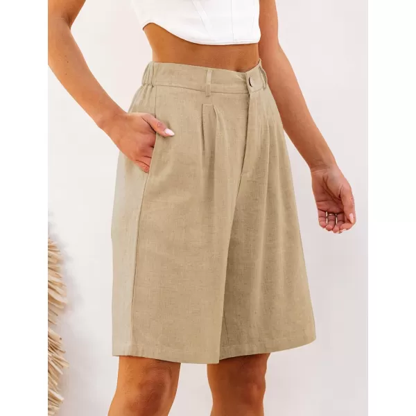 luvamia Bermuda Shorts for Women High Waisted Linen Dressy Casual Pleated Wide Leg Summer Shorts with Elastic WaistKhaki