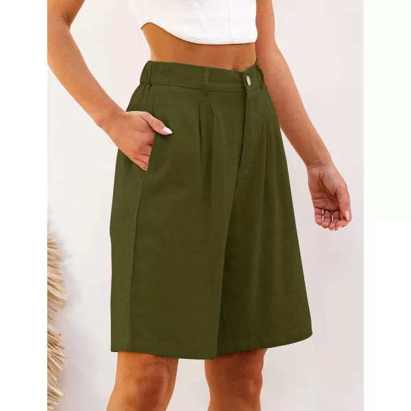 luvamia Bermuda Shorts for Women High Waisted Linen Dressy Casual Pleated Wide Leg Summer Shorts with Elastic WaistOlive Green