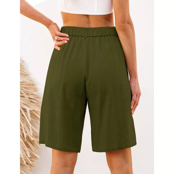 luvamia Bermuda Shorts for Women High Waisted Linen Dressy Casual Pleated Wide Leg Summer Shorts with Elastic WaistOlive Green