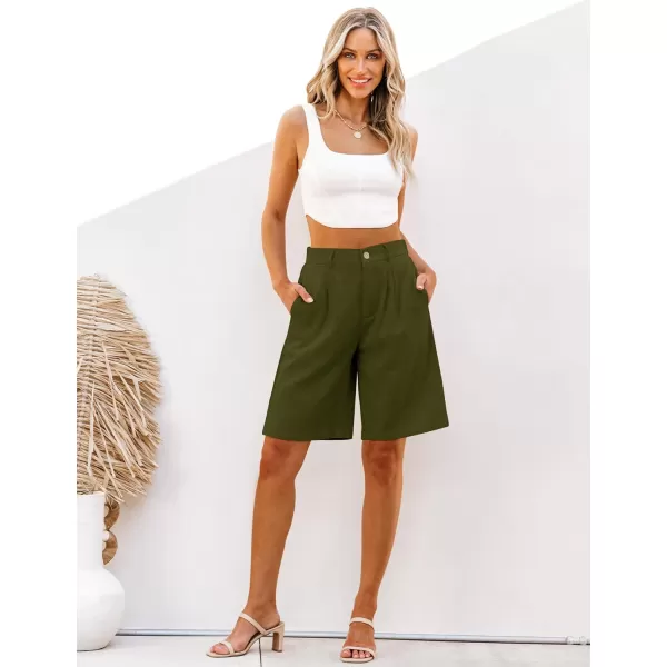 luvamia Bermuda Shorts for Women High Waisted Linen Dressy Casual Pleated Wide Leg Summer Shorts with Elastic WaistOlive Green