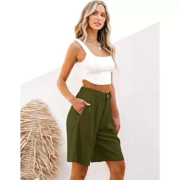 luvamia Bermuda Shorts for Women High Waisted Linen Dressy Casual Pleated Wide Leg Summer Shorts with Elastic WaistOlive Green