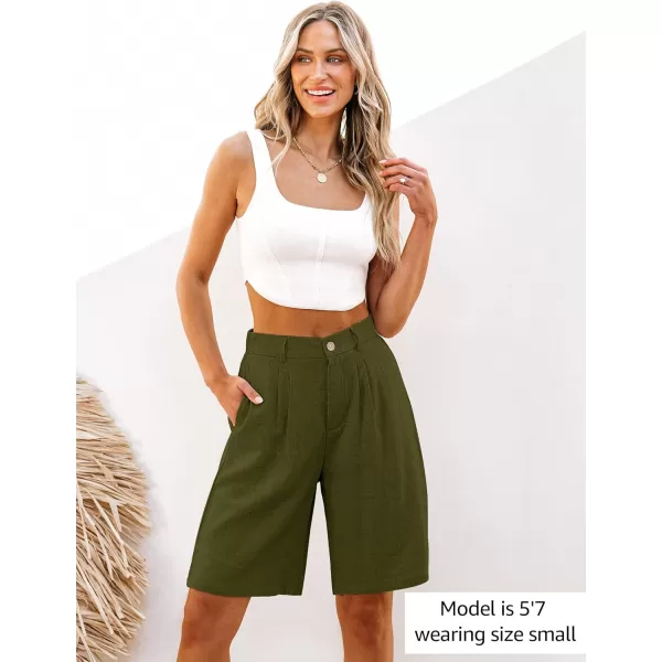 luvamia Bermuda Shorts for Women High Waisted Linen Dressy Casual Pleated Wide Leg Summer Shorts with Elastic WaistOlive Green