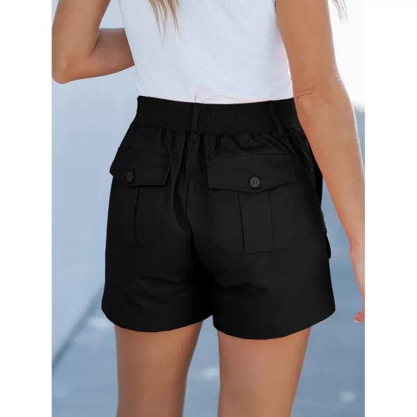 luvamia Cargo Shorts for Women Casual Summer High Waisted Chino Shorts Ribbed Elastic Waist Utility Pockets Comfy ShortsBlack
