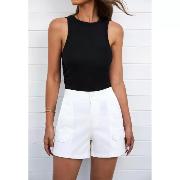luvamia Cargo Shorts for Women Casual Summer High Waisted Chino Shorts Ribbed Elastic Waist Utility Pockets Comfy ShortsCream White