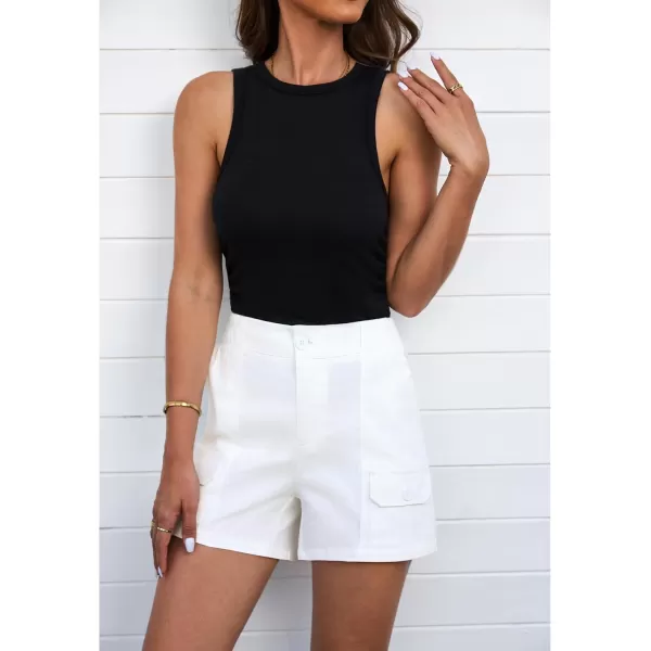 luvamia Cargo Shorts for Women Casual Summer High Waisted Chino Shorts Ribbed Elastic Waist Utility Pockets Comfy ShortsCream White