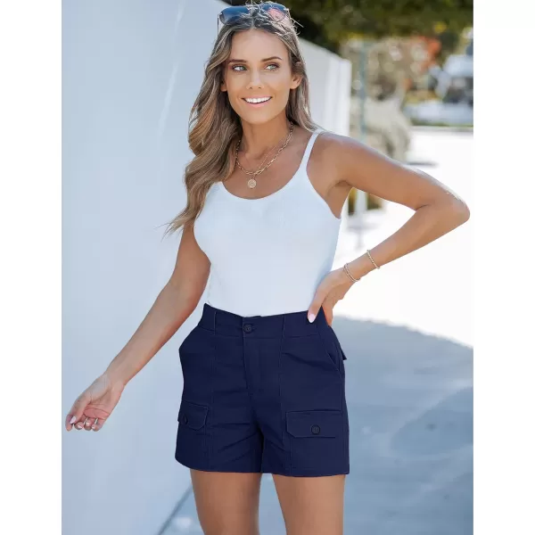 luvamia Cargo Shorts for Women Casual Summer High Waisted Chino Shorts Ribbed Elastic Waist Utility Pockets Comfy ShortsNavy Blue