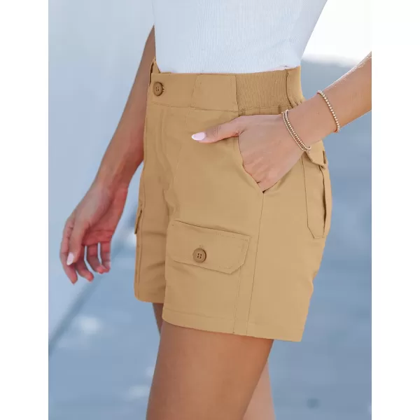 luvamia Cargo Shorts for Women Casual Summer High Waisted Chino Shorts Ribbed Elastic Waist Utility Pockets Comfy ShortsSand Khaki