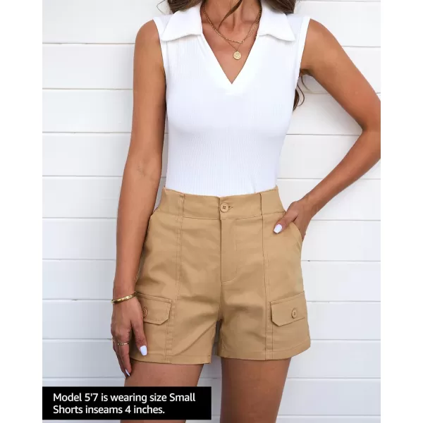 luvamia Cargo Shorts for Women Casual Summer High Waisted Chino Shorts Ribbed Elastic Waist Utility Pockets Comfy ShortsSand Khaki