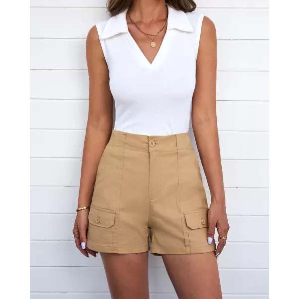 luvamia Cargo Shorts for Women Casual Summer High Waisted Chino Shorts Ribbed Elastic Waist Utility Pockets Comfy ShortsSand Khaki