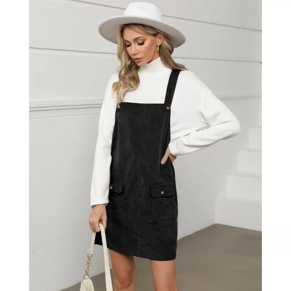 luvamia Corduroy Overall Dress for Women Adjustable Straps Casual Fashion Overalls Pinafore Short Dresses with PocketsBlack