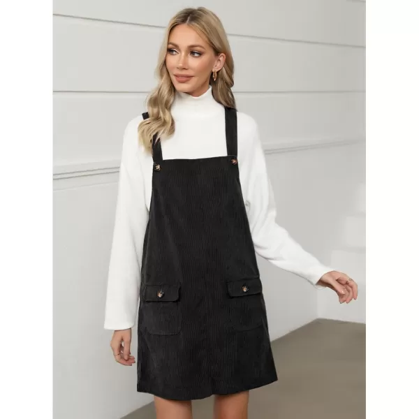 luvamia Corduroy Overall Dress for Women Adjustable Straps Casual Fashion Overalls Pinafore Short Dresses with PocketsBlack