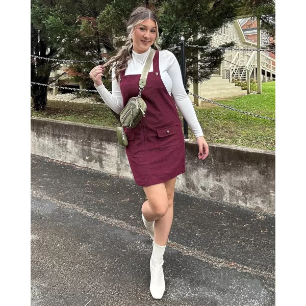 luvamia Corduroy Overall Dress for Women Adjustable Straps Casual Fashion Overalls Pinafore Short Dresses with PocketsBurgundy