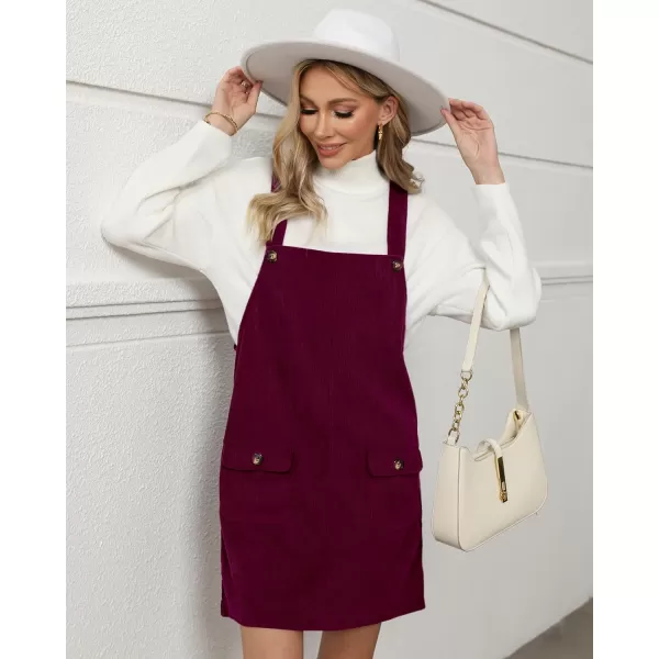 luvamia Corduroy Overall Dress for Women Adjustable Straps Casual Fashion Overalls Pinafore Short Dresses with PocketsBurgundy