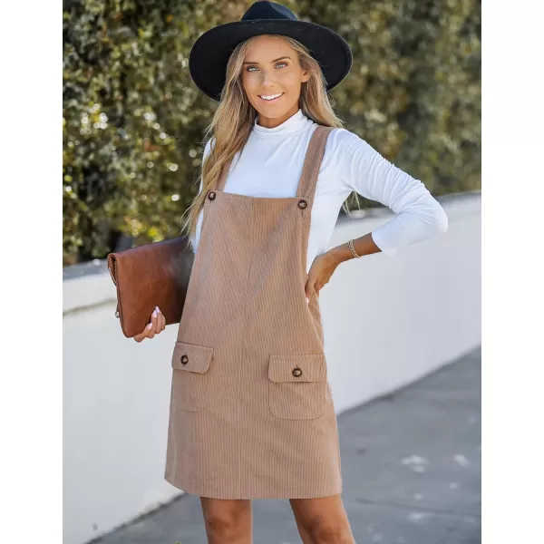 luvamia Corduroy Overall Dress for Women Adjustable Straps Casual Fashion Overalls Pinafore Short Dresses with PocketsToasted Almond