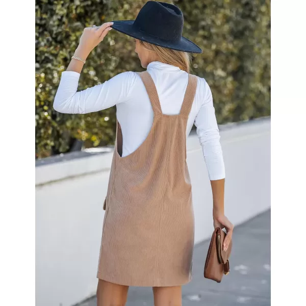 luvamia Corduroy Overall Dress for Women Adjustable Straps Casual Fashion Overalls Pinafore Short Dresses with PocketsToasted Almond