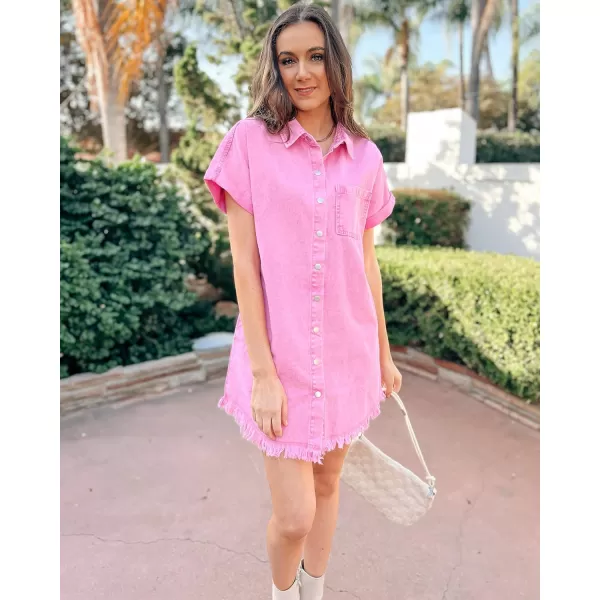luvamia Denim Dress for Women Button Down Short Sleeves Casual Summer Jean Shirt Dresses with Pockets Frayed HemAurora Pink